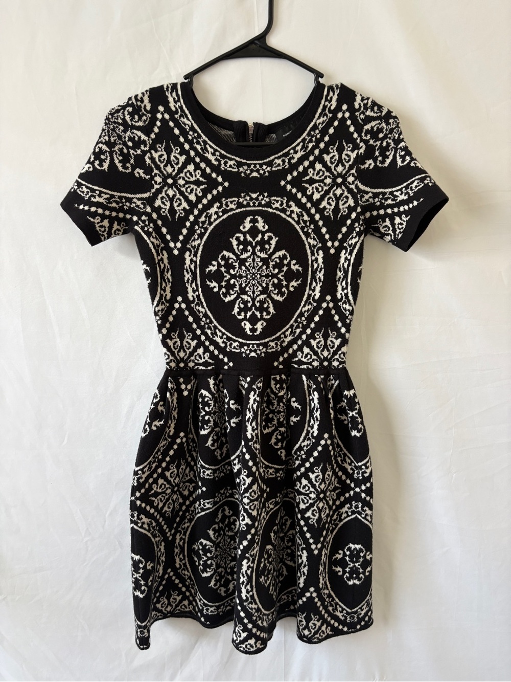 Black & White Patterned Sweater Fit-and-Flare Dress